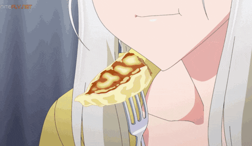 a girl with white hair is eating a piece of food with a fork and the word anime is visible in the corner