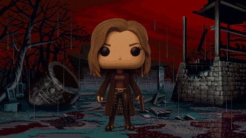 a pop figure of a woman in a trench coat stands in front of a pixelated scene