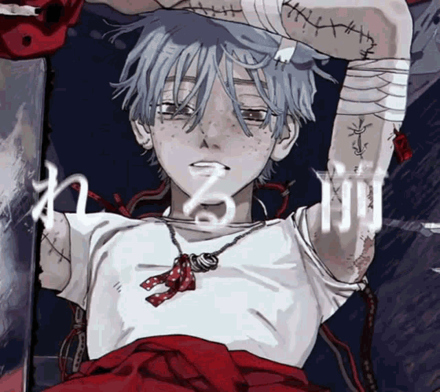 a drawing of a boy with bandages on his arms and a necklace