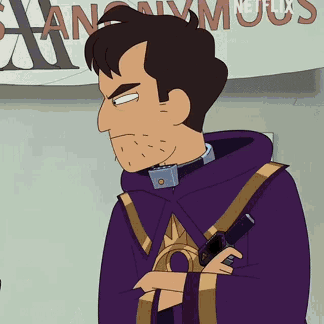 a man in a purple robe is holding a gun in front of a netflix banner