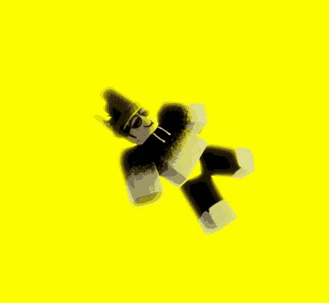 a cartoon character wearing sunglasses and a hat is floating in the air on a yellow background