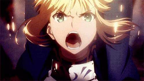 a girl with blonde hair and green eyes is screaming with her mouth open and holding a sword with the letter s on it