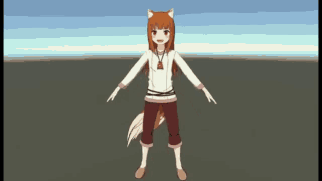 a 3d model of a girl with long red hair and a tail is standing on a ground .