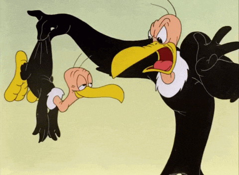 a cartoon vulture is holding a smaller vulture in its beak