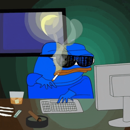 a cartoon of a blue duck wearing sunglasses and smoking a cigarette while using a computer