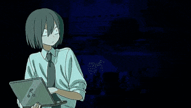 three anime characters are standing next to each other with one holding a tablet