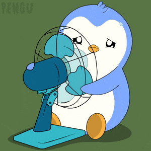 a cartoon of a penguin sitting in front of a fan with the word pengu on the bottom