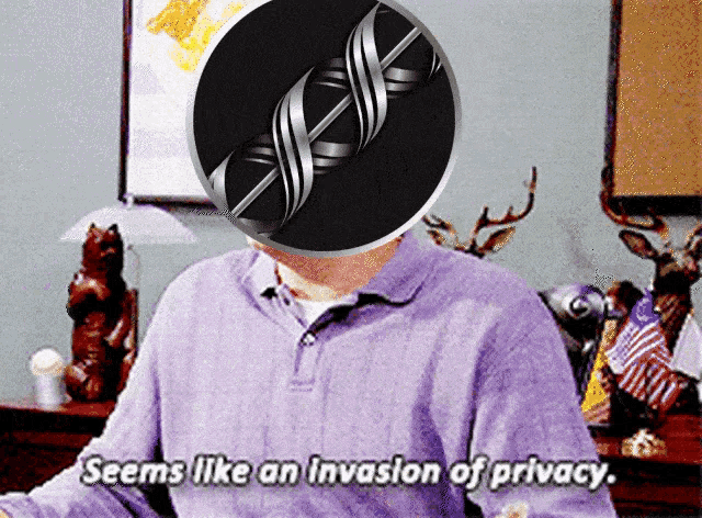 a man in a purple shirt has a sticker on his head that says seems like an invasion of privacy ..
