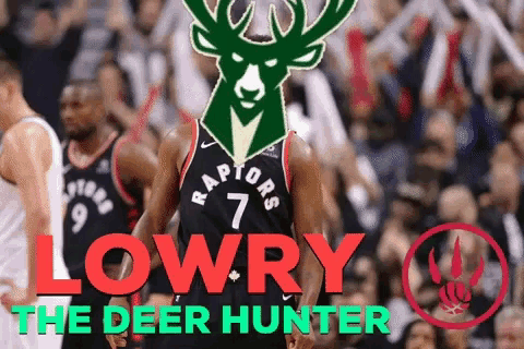 a basketball player with a deer head and the words lowry the deer hunter below him