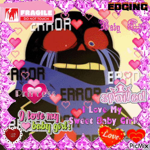 a picture of error sans is surrounded by pink hearts