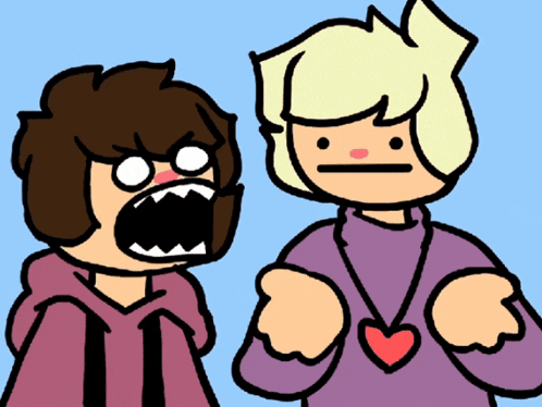 two cartoon characters are standing next to each other and one has a heart necklace around her neck