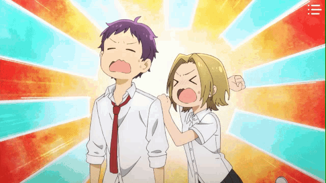 a boy and a girl are standing next to each other and the girl is yelling