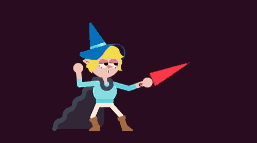a cartoon character is wearing a witch hat and holding a red arrow