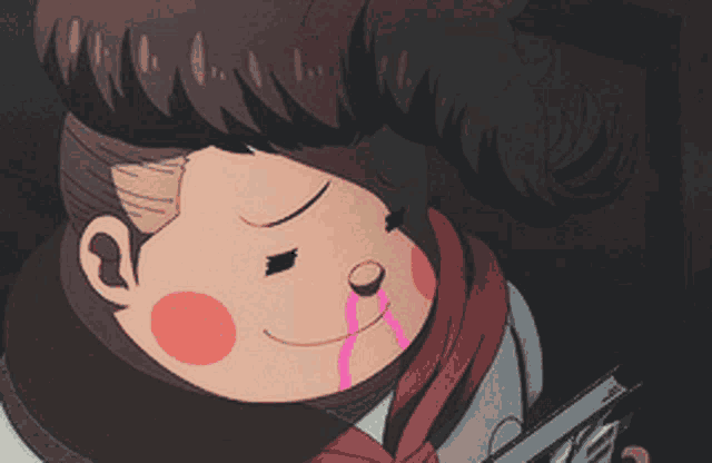 a cartoon character with a scarf around his neck is smiling and making a funny face