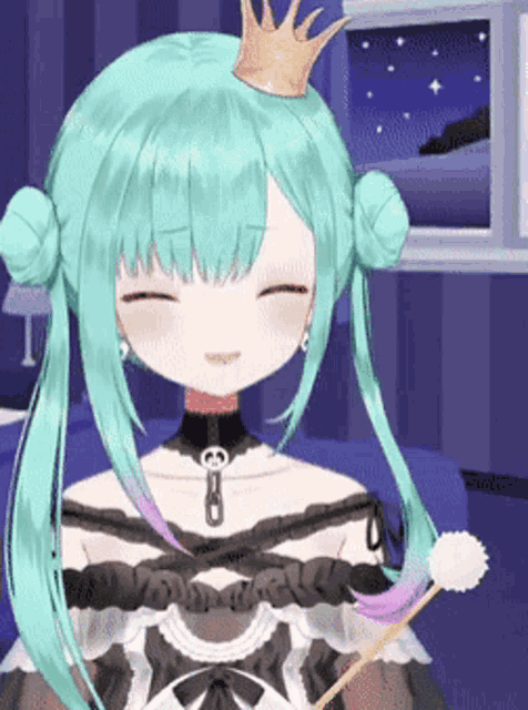 a girl with green hair and a crown on her head is smiling while holding a drum stick .