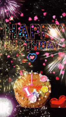 a happy birthday greeting card with a cake and fireworks in the background