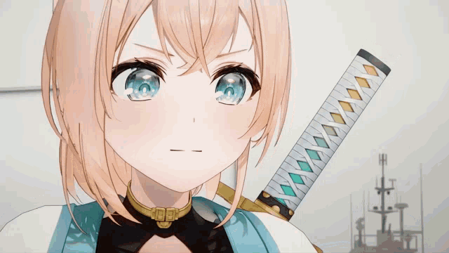 a girl with blue eyes is holding a sword and making a cross sign
