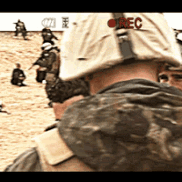 a soldier wearing a helmet with rec on it