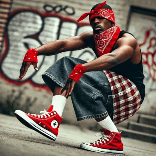 a man wearing a red bandana and red converse shoes is doing a handstand