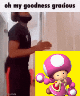 a man with a beard is standing next to a picture of a pink toad