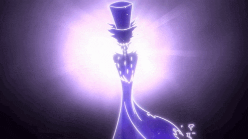 a silhouette of a person with a top hat and a purple cape standing in front of a purple light .