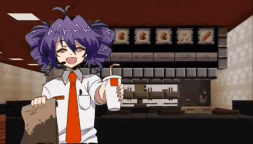 a girl with purple hair is holding a cup and a piece of paper