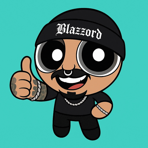 a cartoon character is wearing a black beanie that says blazzard on it