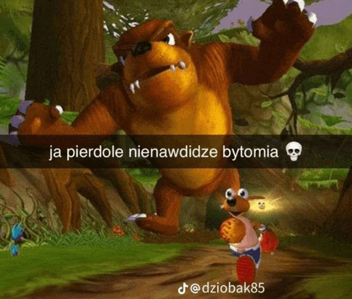 a cartoon bear is standing in a forest with a skull on it .