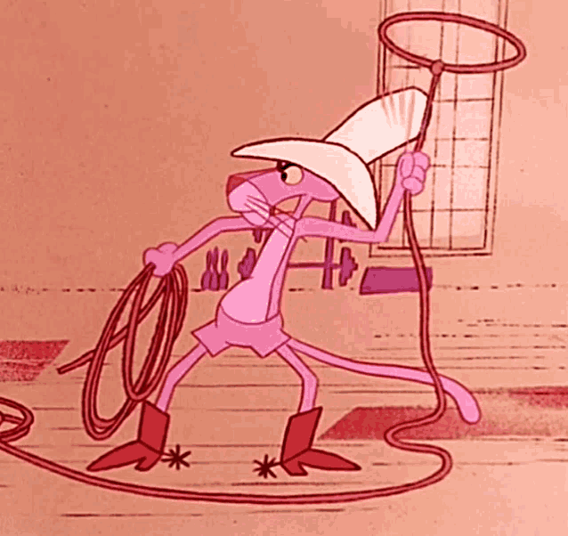 a pink panther is holding a lasso and a hoop
