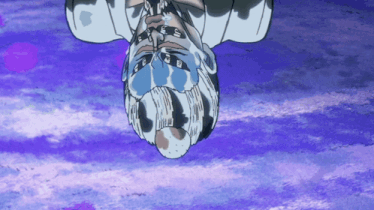 a drawing of a man hanging upside down with a blue background