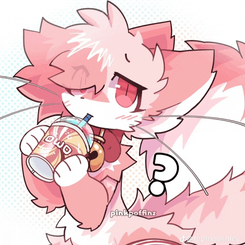 a drawing of a cat holding a cup that says " owa " on it