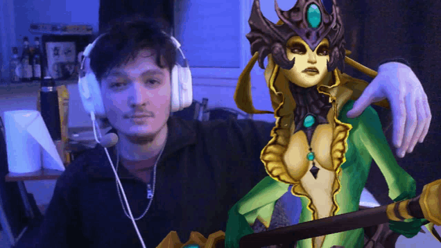 a man wearing headphones next to a painting of a woman with a crown on her head