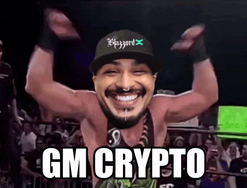 a man wearing a hat that says blizzard on it is smiling with the words gm crypto below him