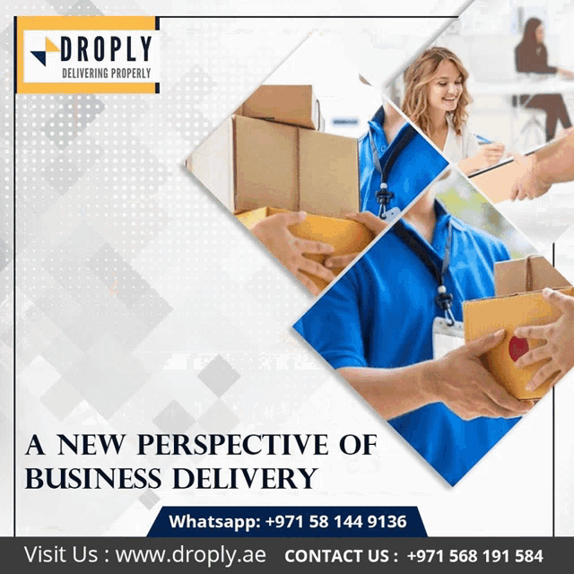 an advertisement for droply delivering properly shows a delivery man holding a box