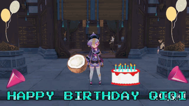 a girl holding a coconut next to a birthday cake with the words happy birthday qiqi