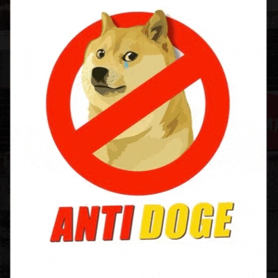 a doge with a red circle around it and the words anti doge