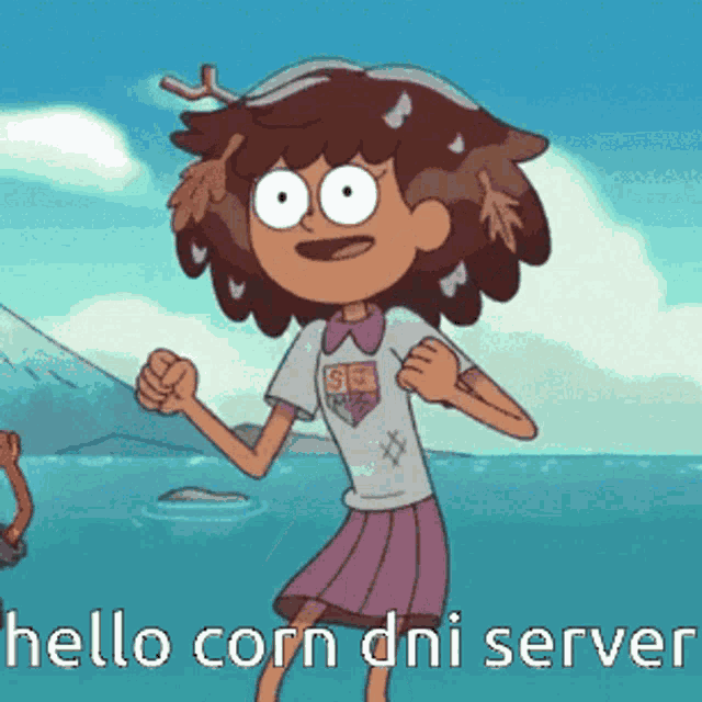 a cartoon character says hello corn dni server in front of the ocean