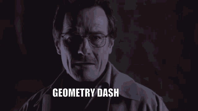 a man with glasses and the words geometry dash written on his face