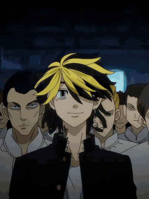 a cartoon character with a tattoo on his face stands in a crowd of people