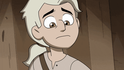 a cartoon character with white hair and brown eyes looks sad