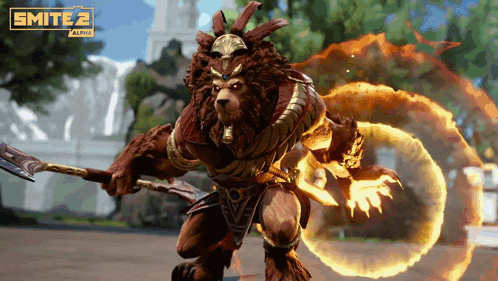 a lion holding a spear in front of a sign that says ' smite 2 alpha '