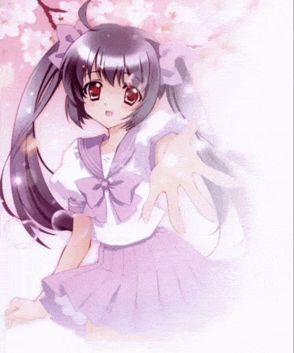 a girl in a purple dress is reaching out her hand towards the camera
