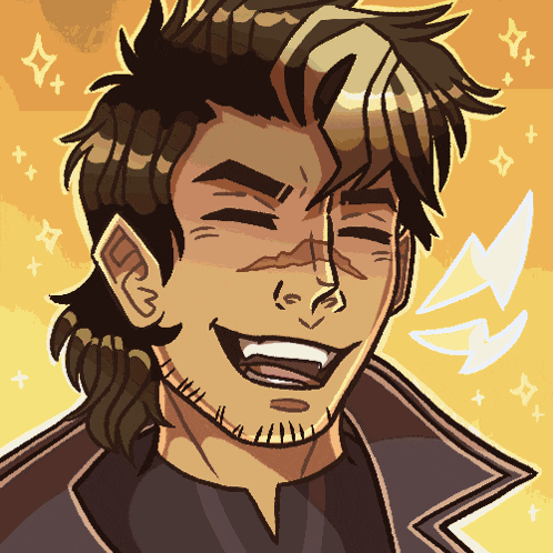 a pixel art drawing of a man with a beard smiling with a lightning bolt in the background