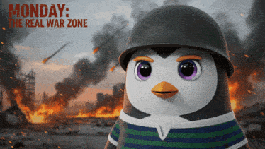 a penguin wearing a military helmet with monday the real war zone written on the bottom