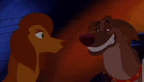 two cartoon dogs are standing next to each other and looking at each other