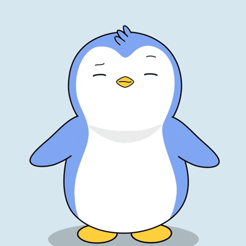 a blue and white penguin with its eyes closed and a yellow beak