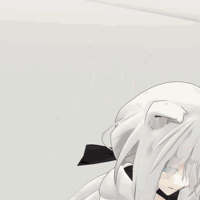 a 3d anime character with white hair and black ears is sticking her tongue out