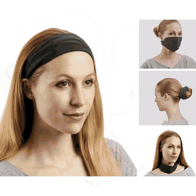 a woman wearing a headband and a bandana on her face