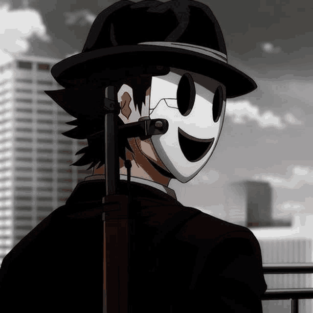 a man wearing a mask and a hat is holding a rifle .