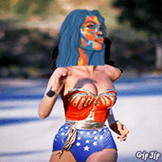 a woman in a wonder woman costume has a colorful face painted over her face